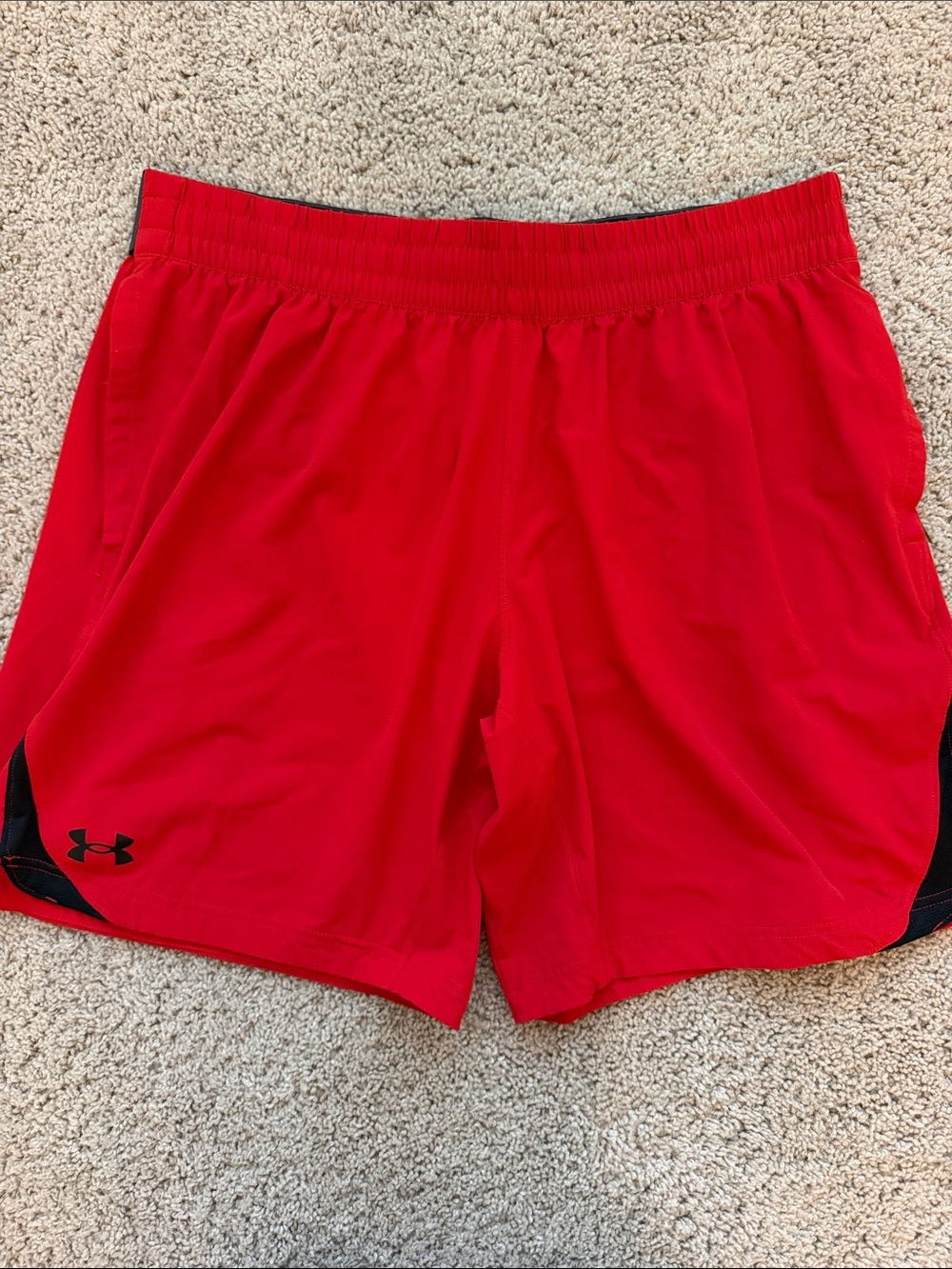Under Armour Men's Red Athletic Shorts with Black Logo